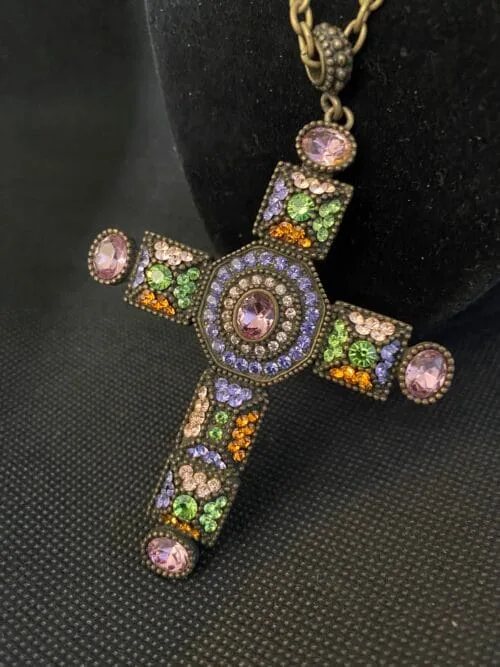 Vintage,Rhinestones,Cross,Multicolored,Necklace