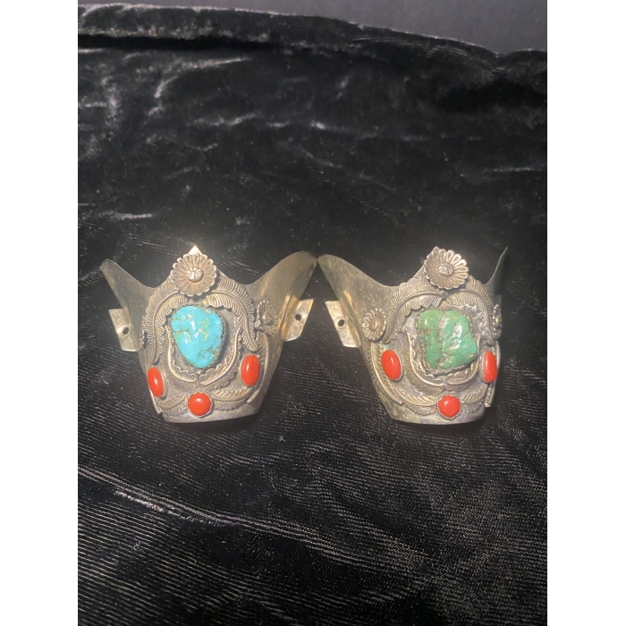 Antique Sterling Silver Red Coral Navajo Boot Tips