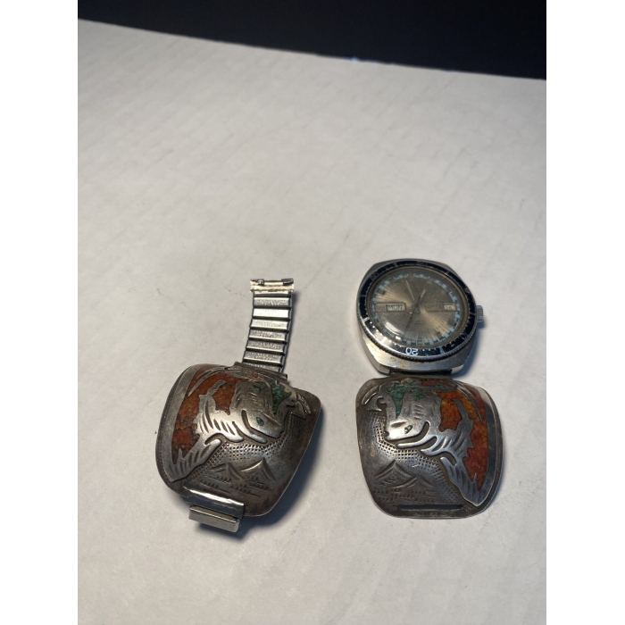 Benjamin Becenti Cattle Engraving With Chipped Turquoise and Chipped Red Coral Watch Band - Image 2