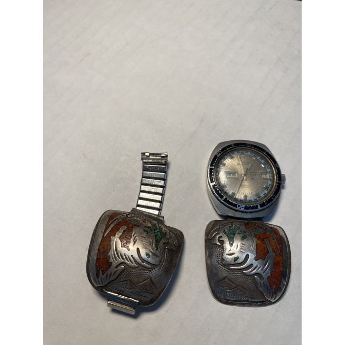 Benjamin Becenti Cattle Engraving With Chipped Turquoise and Chipped Red Coral Watch Band