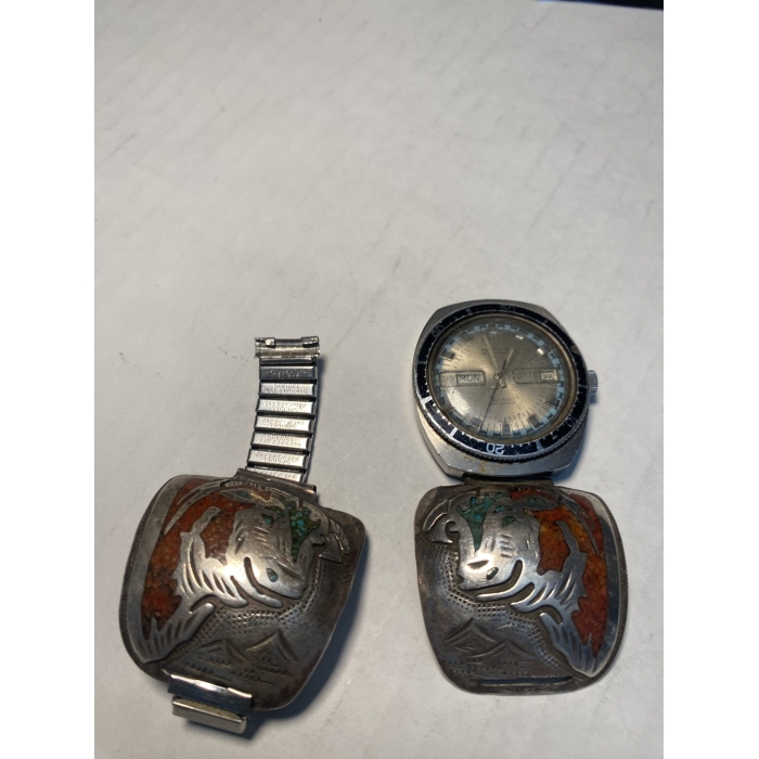 Benjamin Becenti Cattle Engraving With Chipped Turquoise and Chipped Red Coral Watch Band - Image 5