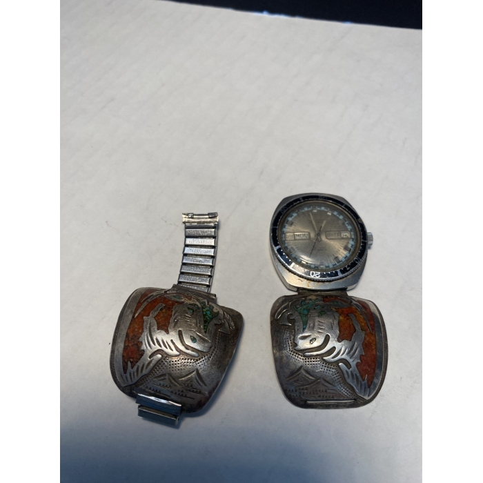 Benjamin Becenti Cattle Engraving With Chipped Turquoise and Chipped Red Coral Watch Band - Image 7