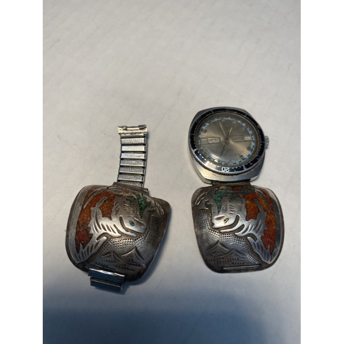 Benjamin Becenti Cattle Engraving With Chipped Turquoise and Chipped Red Coral Watch Band - Image 8