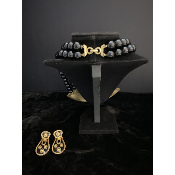 Black & Gold Statement Choker Necklace Faux Pearl & Clear Rhinestones & Earrings - Image 5
