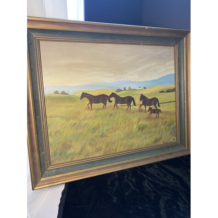 E. Hellbach Signed Horses Running In A Daytime Pasture Canvas On Oil Painting