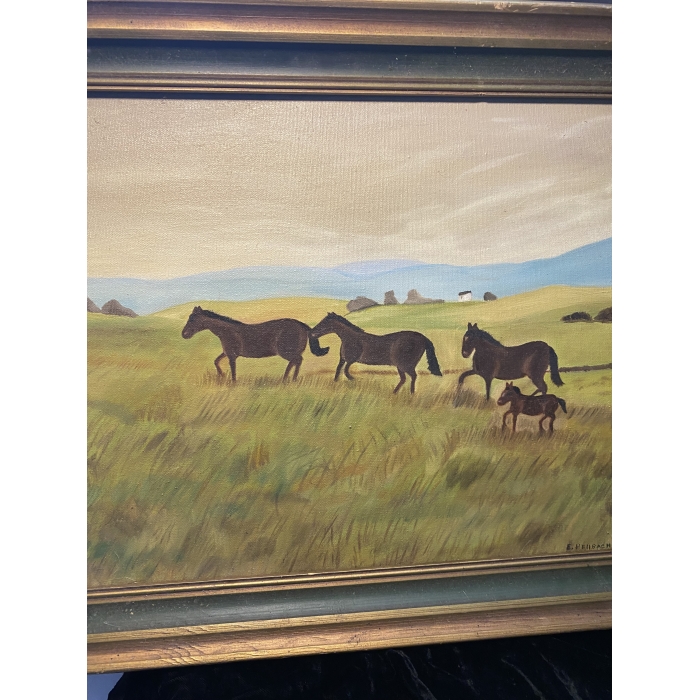E. Hellbach Signed Horses Running In A Daytime Pasture Canvas On Oil Painting - Image 3