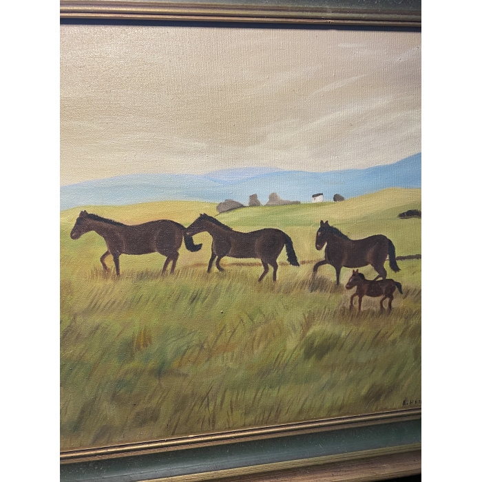 E. Hellbach Signed Horses Running In A Daytime Pasture Canvas On Oil Painting - Image 4