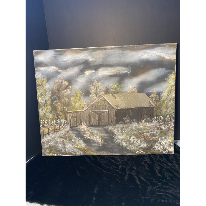 Marcella Signed Painting Rustic Barn & Dark Cloudy Night
