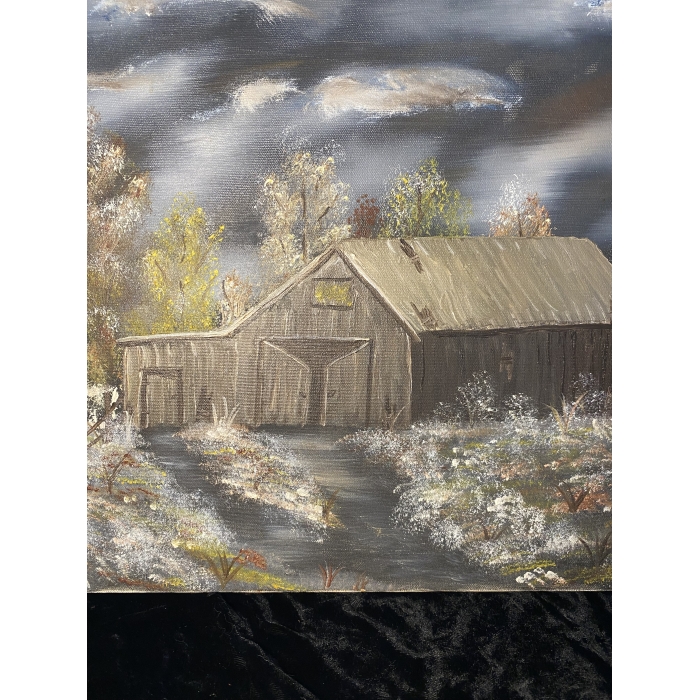Marcella Signed Painting Rustic Barn & Dark Cloudy Night - Image 3