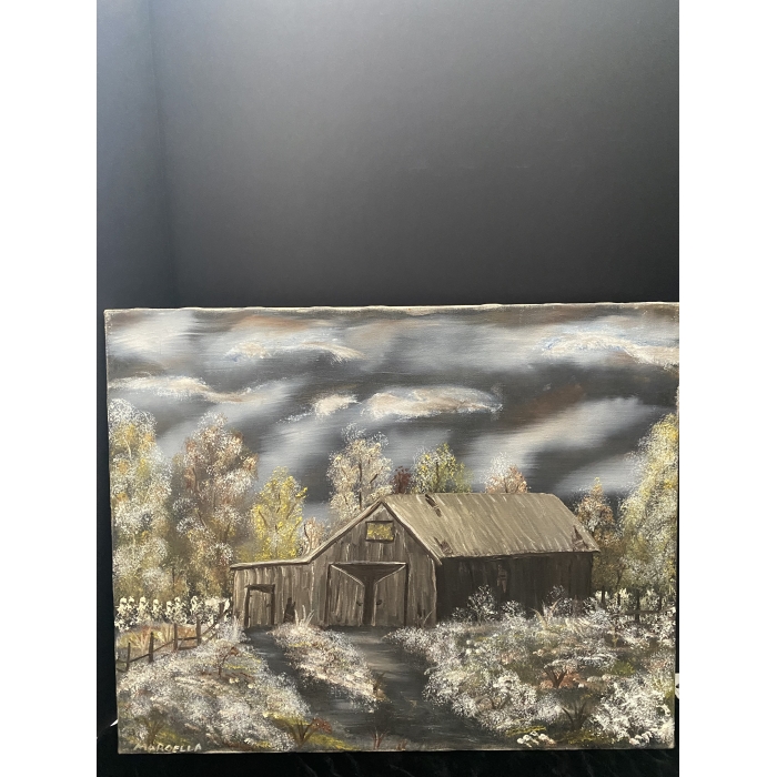 Marcella Signed Painting Rustic Barn & Dark Cloudy Night - Image 8