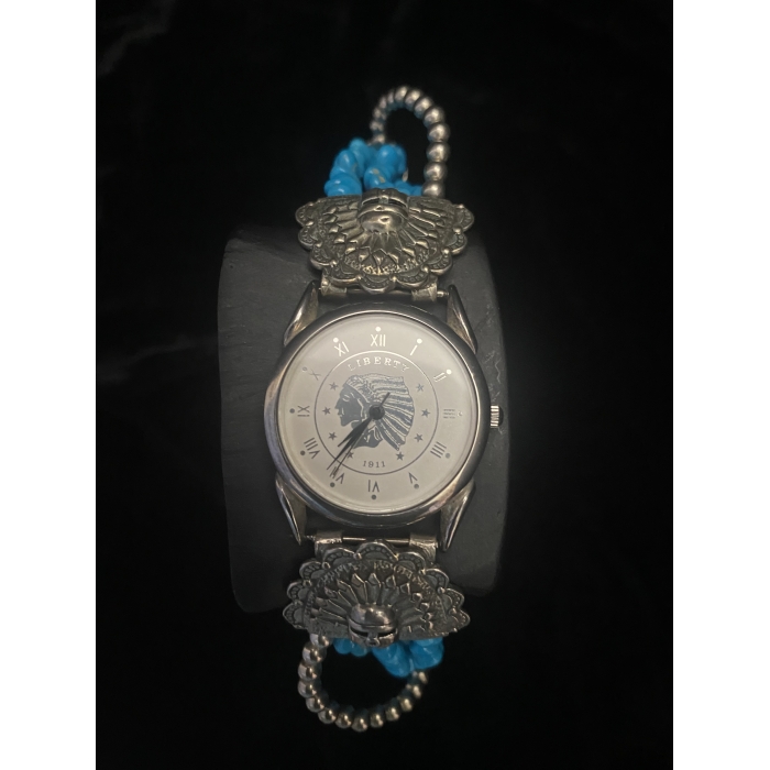 Southwest Traditions Sterling Silver Turquoise Beaded Band "Liberty 1911" Watch --UNTESTED--