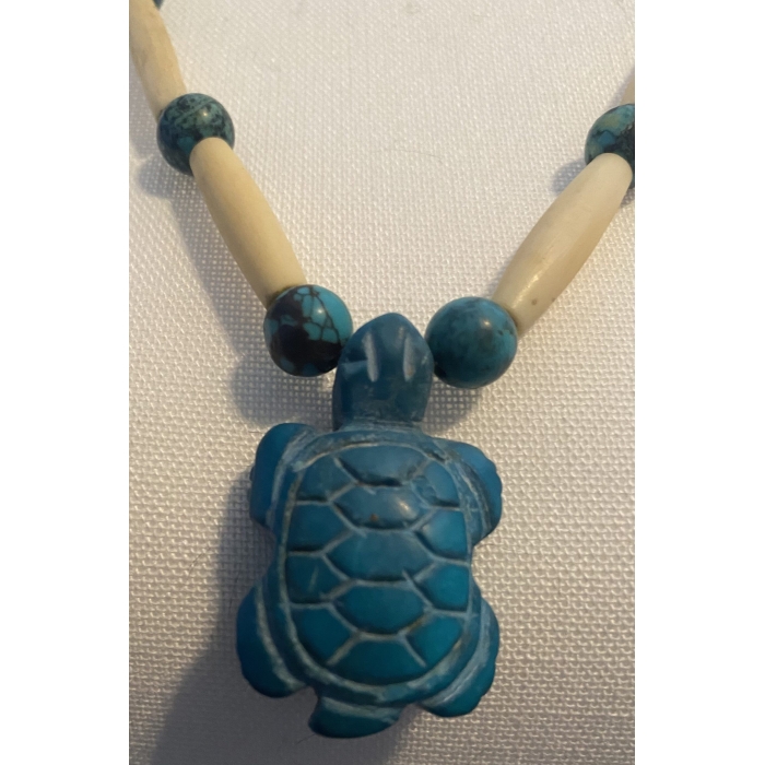 Antique Turquoise Turtle, Turquoise Beads, Bone Beads in Full Length Necklace - Image 3
