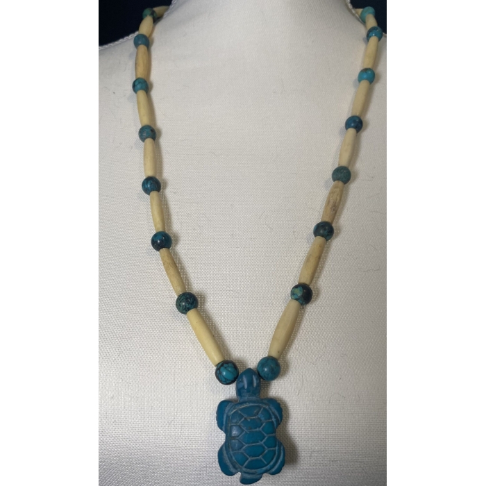 Antique Turquoise Turtle, Turquoise Beads, Bone Beads in Full Length Necklace - Image 5