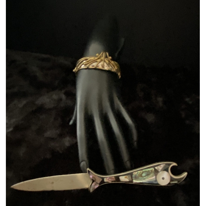 Brutalist Brass Over Silver Tone Heche En Mexico Bracelet Cuff & Abalone Letter Opener