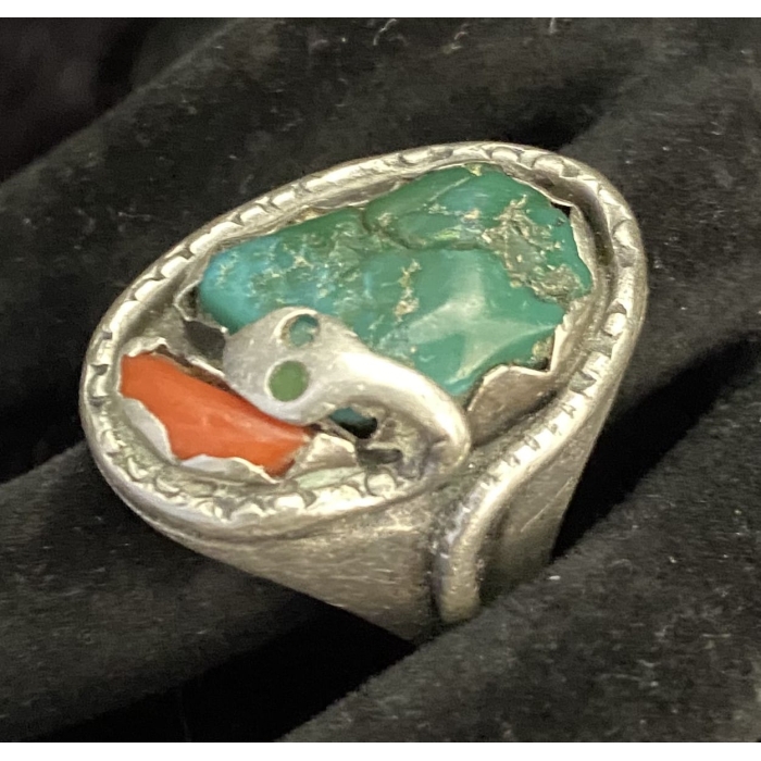 Effie C. (Zuni) Handmade Sterling Silver Turquoise Red Coral Coiling Snake Ring - Image 10