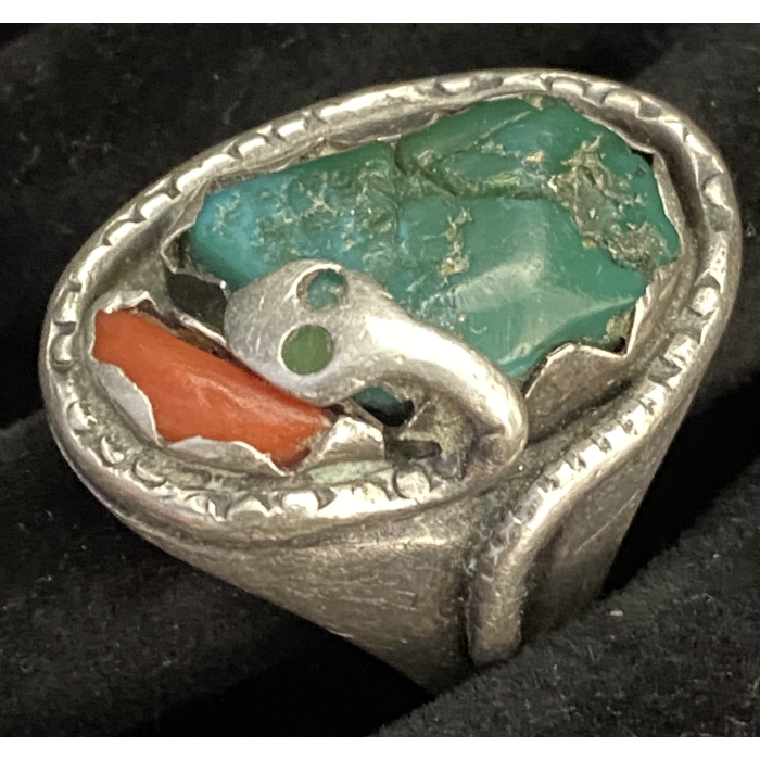 Effie C. (Zuni) Handmade Sterling Silver Turquoise Red Coral Coiling Snake Ring