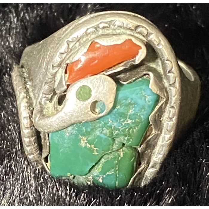 Effie C. (Zuni) Handmade Sterling Silver Turquoise Red Coral Coiling Snake Ring - Image 6