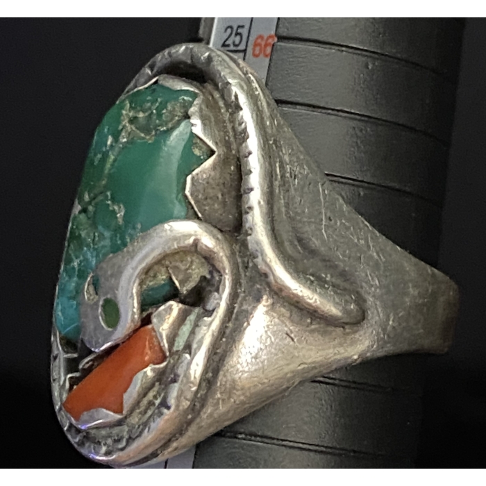 Effie C. (Zuni) Handmade Sterling Silver Turquoise Red Coral Coiling Snake Ring - Image 4