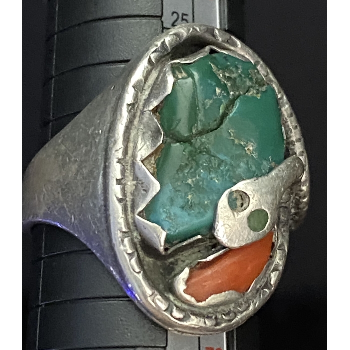 Effie C. (Zuni) Handmade Sterling Silver Turquoise Red Coral Coiling Snake Ring - Image 3