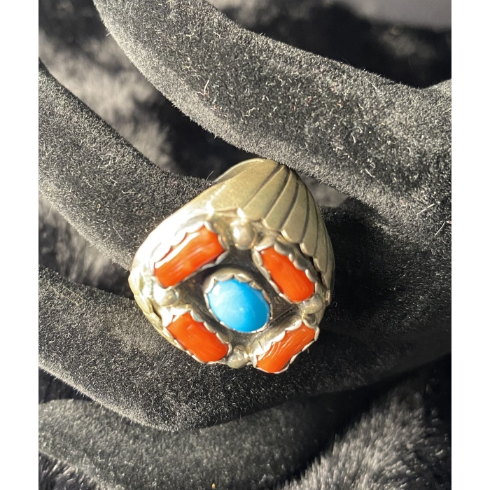 Western Sterling Silver Turquoise Red Coral Ring - Image 3