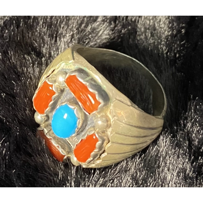 Western Sterling Silver Turquoise Red Coral Ring - Image 6