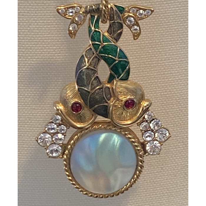 1998 Estate Trifari Gold Tone Rhinestone Enamel Pendant Necklace Pisces - Image 6