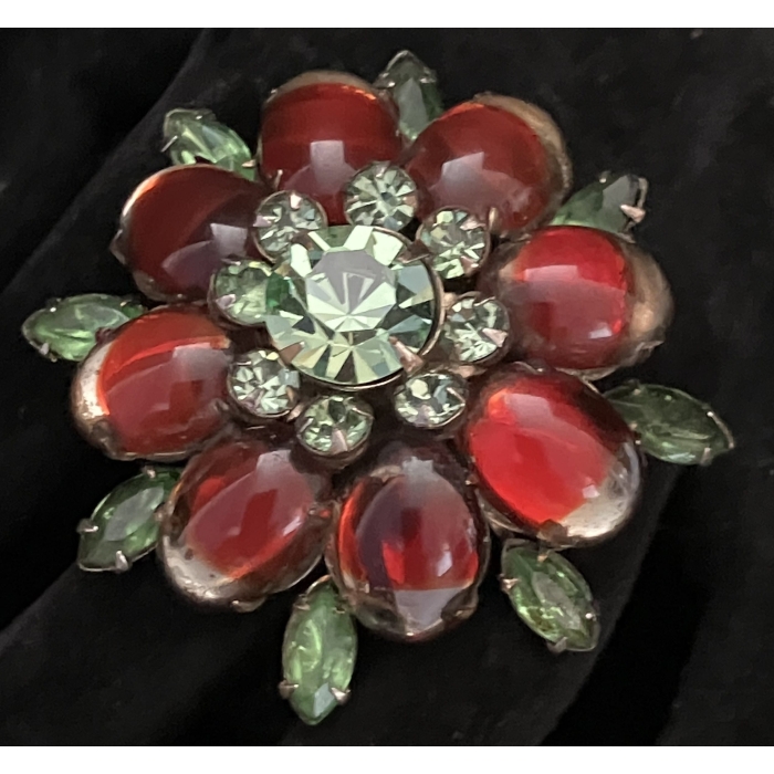 Juliana 1950s red faceted rhinestone with aurora borealis and fancy stone Brooch