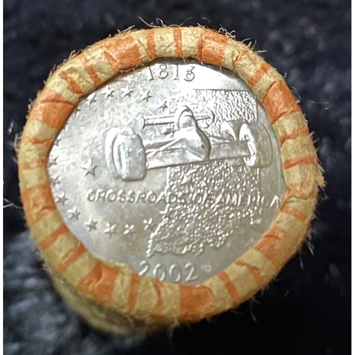 Close-up of 2002 Indiana quarter on roll end.
