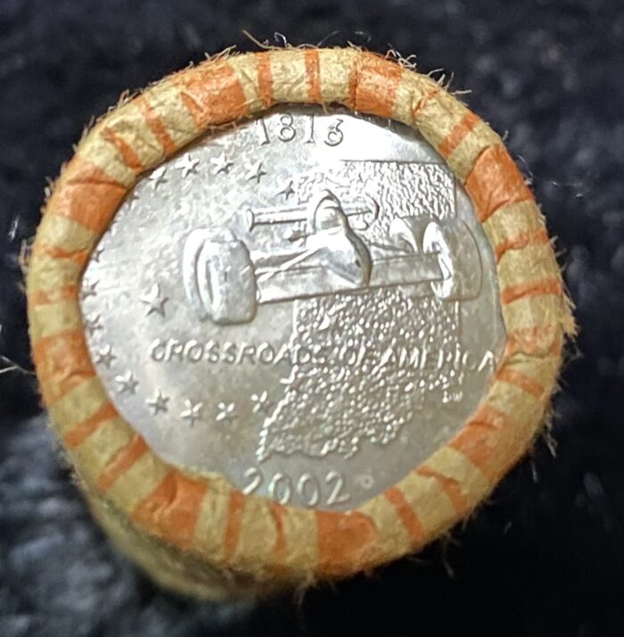 Close-up of 2002 Indiana quarter on roll end.