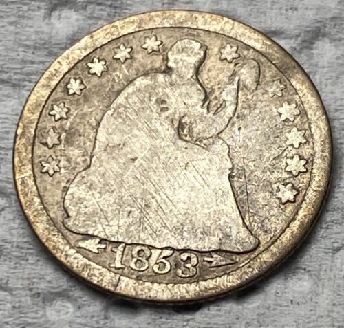 1853 Liberty Seated quarter coin, stars around edge.