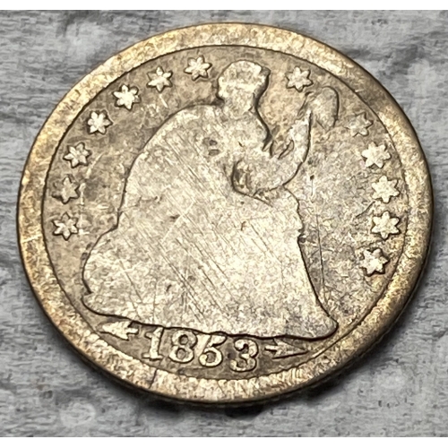 1853 Liberty Seated quarter coin, stars around edge.