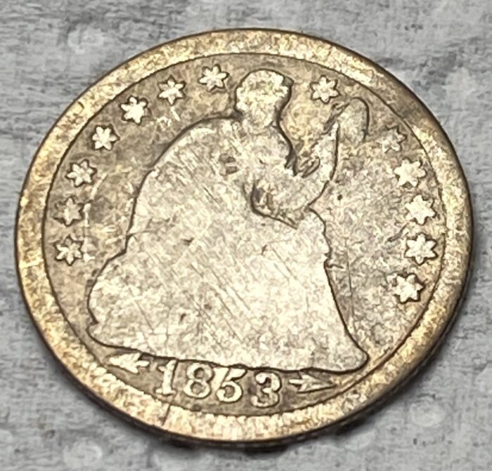 1853 Seated Liberty half dime coin front view