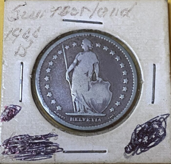 1945 Swiss coin with Helvetia depicted