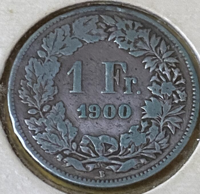 1900 Swiss 1 Franc coin with foliage design