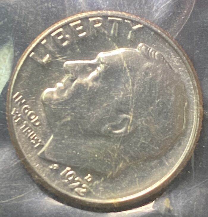 1972 US dime coin macro view.