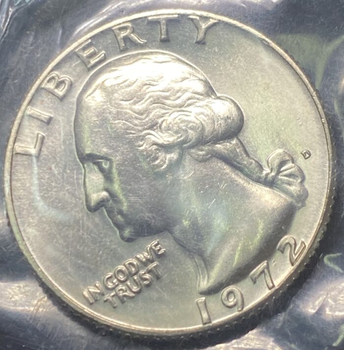 1972 US quarter coin, Liberty, In God We Trust.