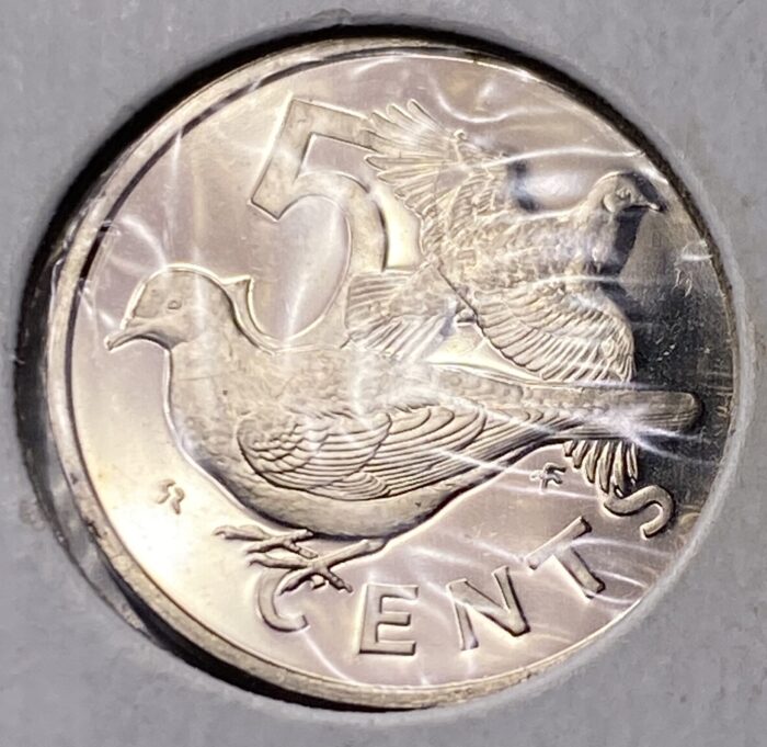 Barbados five cents coin with birds design.