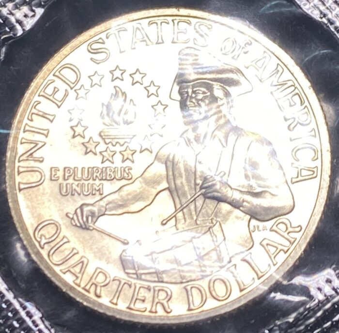 United States Bicentennial quarter featuring a drummer.