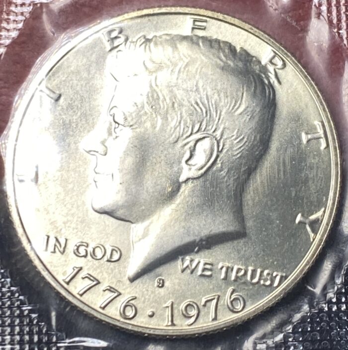 1976 Kennedy half dollar coin, close-up view