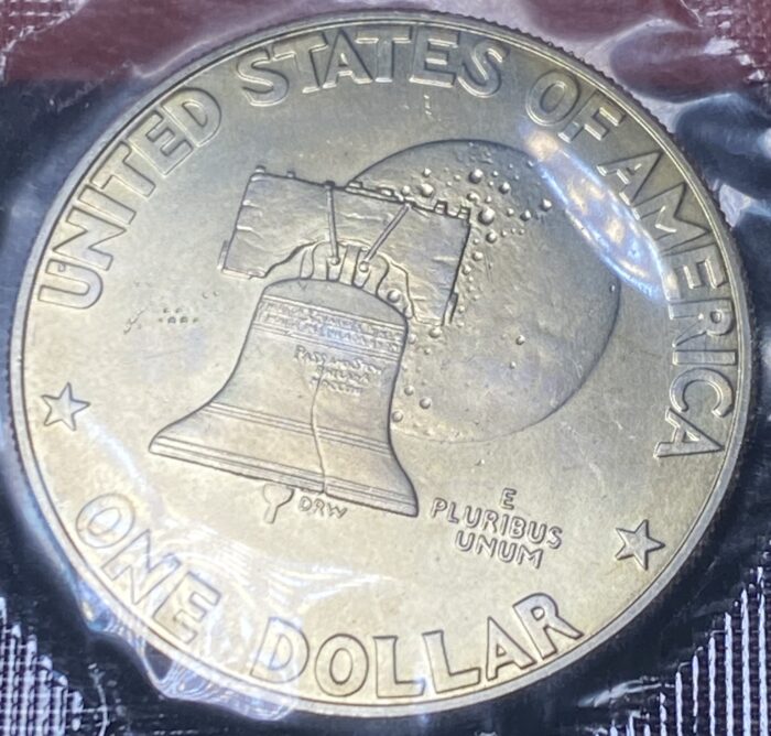 US Bicentennial dollar coin with Liberty Bell.