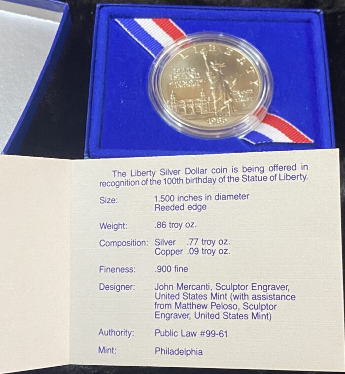 Liberty Silver Dollar coin with specifications description.