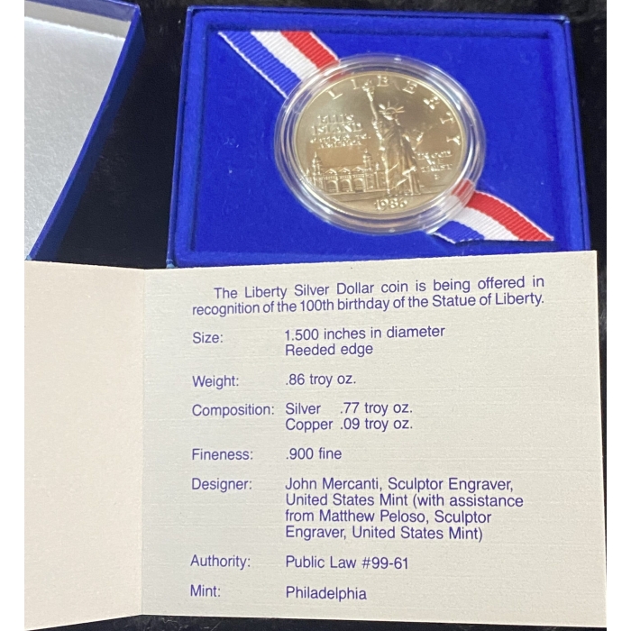 Liberty Silver Dollar coin with specifications description.