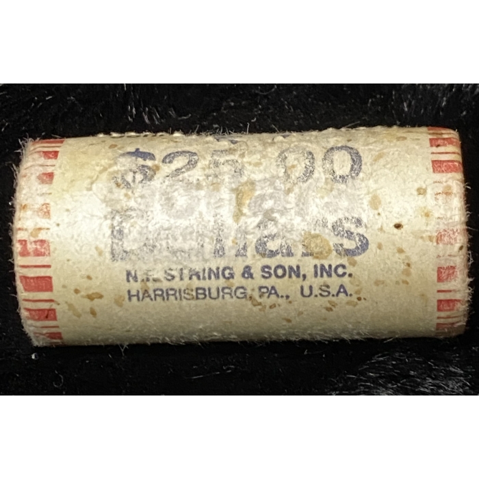 Coin roll labeled $25 from Harrisburg, Pennsylvania.