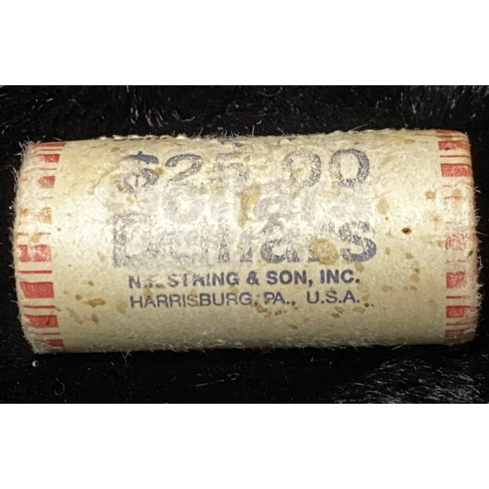 Coin roll labeled $25 from Harrisburg, Pennsylvania.