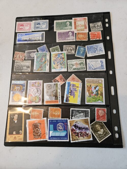 Collection of colorful international postage stamps.