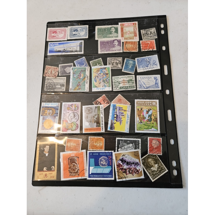 Collection of colorful international postage stamps.