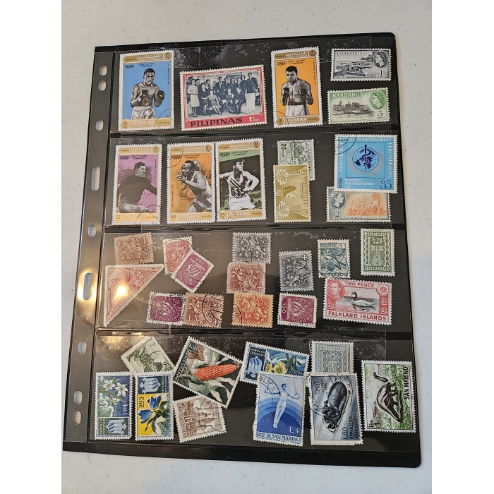 Collection of various international postage stamps.