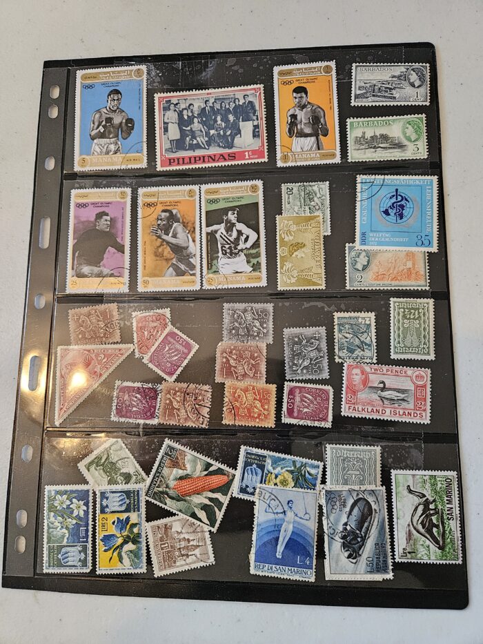 Collection of various international postage stamps.