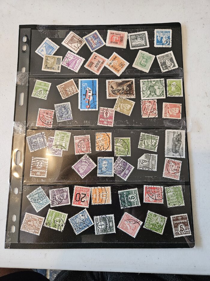 Collection of international postage stamps on display.