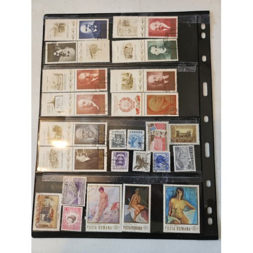 Collection of international postage stamps in an album.